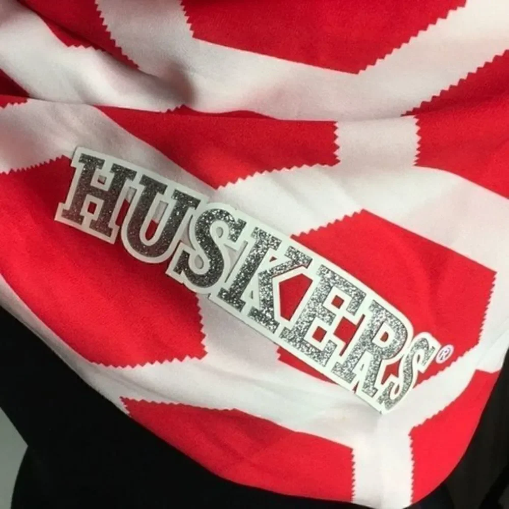 Huskers Game-day Couture Scarf White with Silver glitter letters.